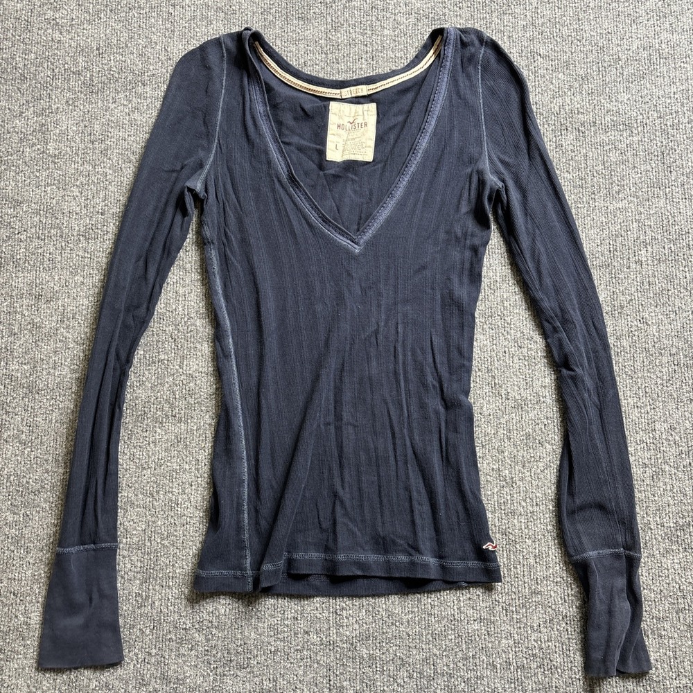 Y2K Hollister Deep V-Neck Top Women's Large Blue Fitted Knit Bella Swan